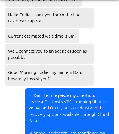 Fasthosts technical support chat showing a six-minute estimated wait, agent Dan joining within approximately one minute, and the VPS recovery question.