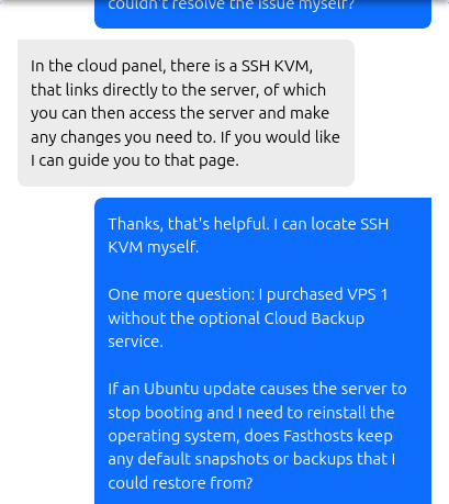 Fasthosts technical support agent identifying SSH KVM in Cloud Panel as a way to access the VPS and offering navigation guidance.