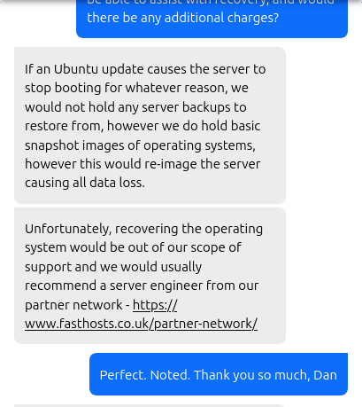 Fasthosts technical support explaining that no server-data backups are retained without Cloud Backup, that OS reimaging erases data, and that OS recovery is outside standard support.