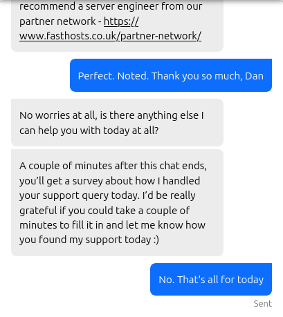 Fasthosts agent closing the VPS support conversation politely after directing operating-system recovery enquiries toward its partner network.