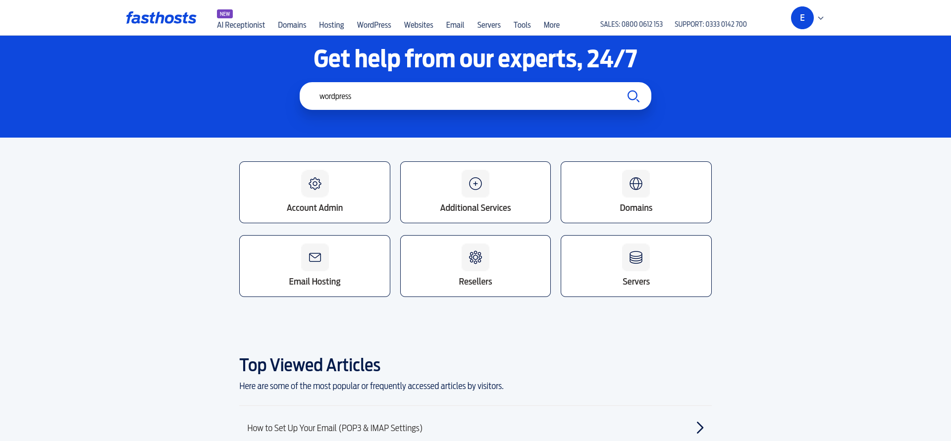 Fasthosts support homepage showing a central search bar, six support categories, and a Top Viewed Articles list.