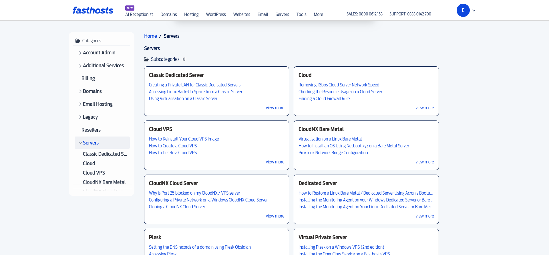 Fasthosts Knowledge Base Servers category displaying eight infrastructure subcategories, including Cloud VPS and Virtual Private Server, with links to server troubleshooting guides.