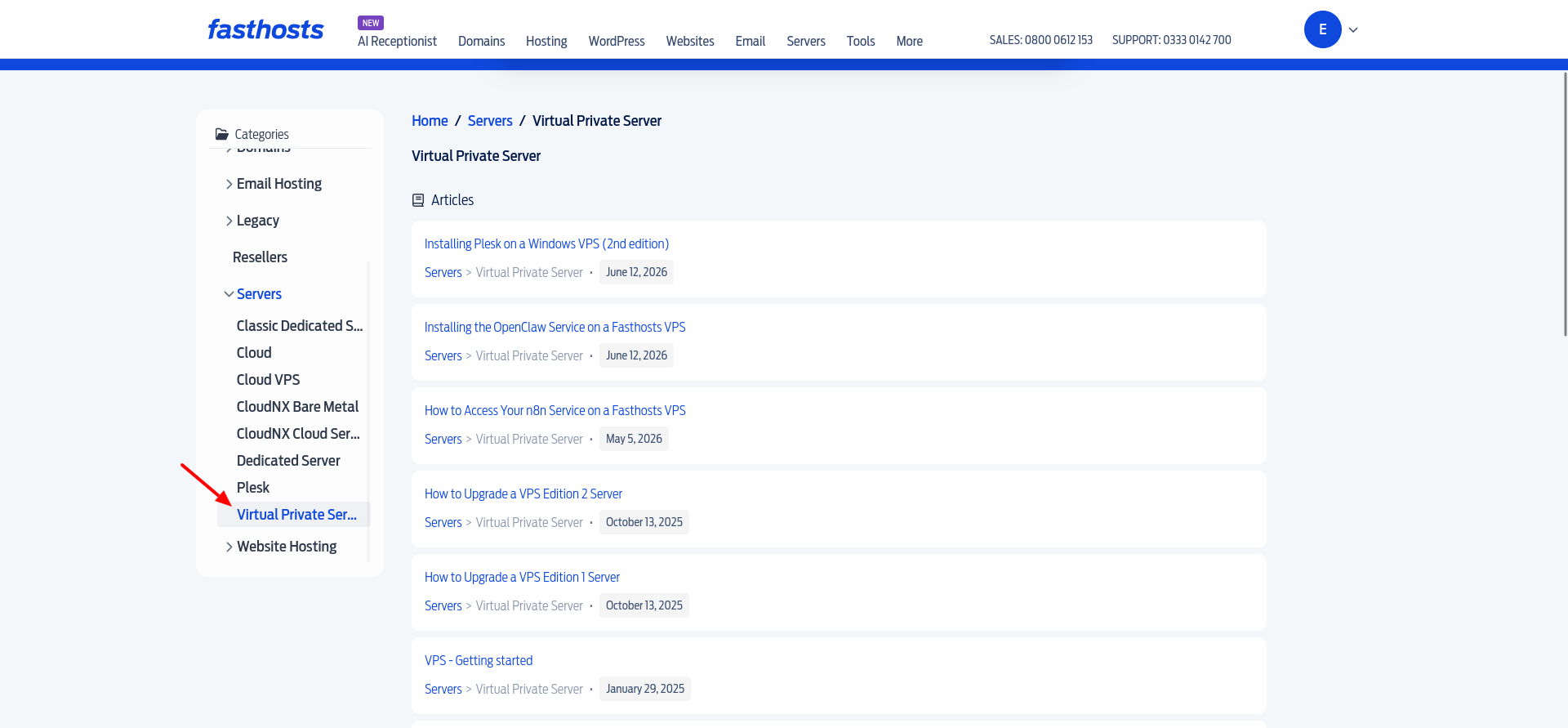 Fasthosts Virtual Private Server Knowledge Base category listing guides for VPS setup, edition upgrades, Plesk, n8n and OpenClaw.
