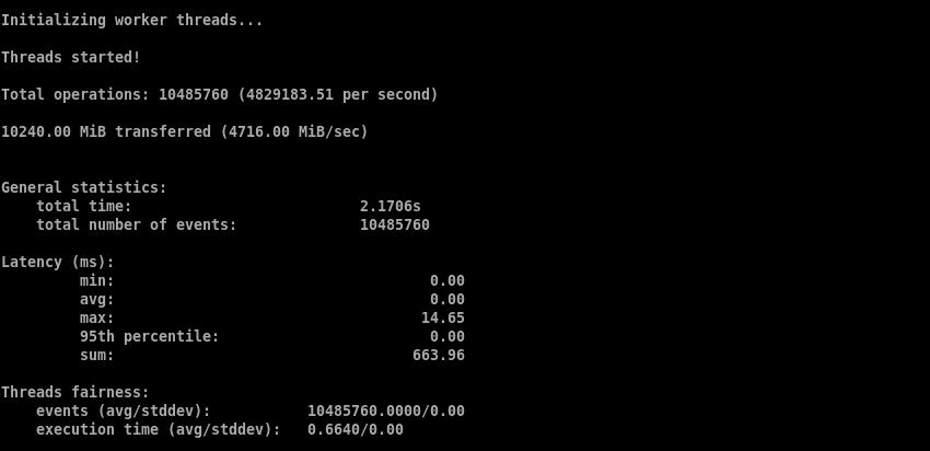sysbench memory read benchmark showing 10,240MiB transferred at 4,716.00MiB per second in approximately 2.17 seconds.