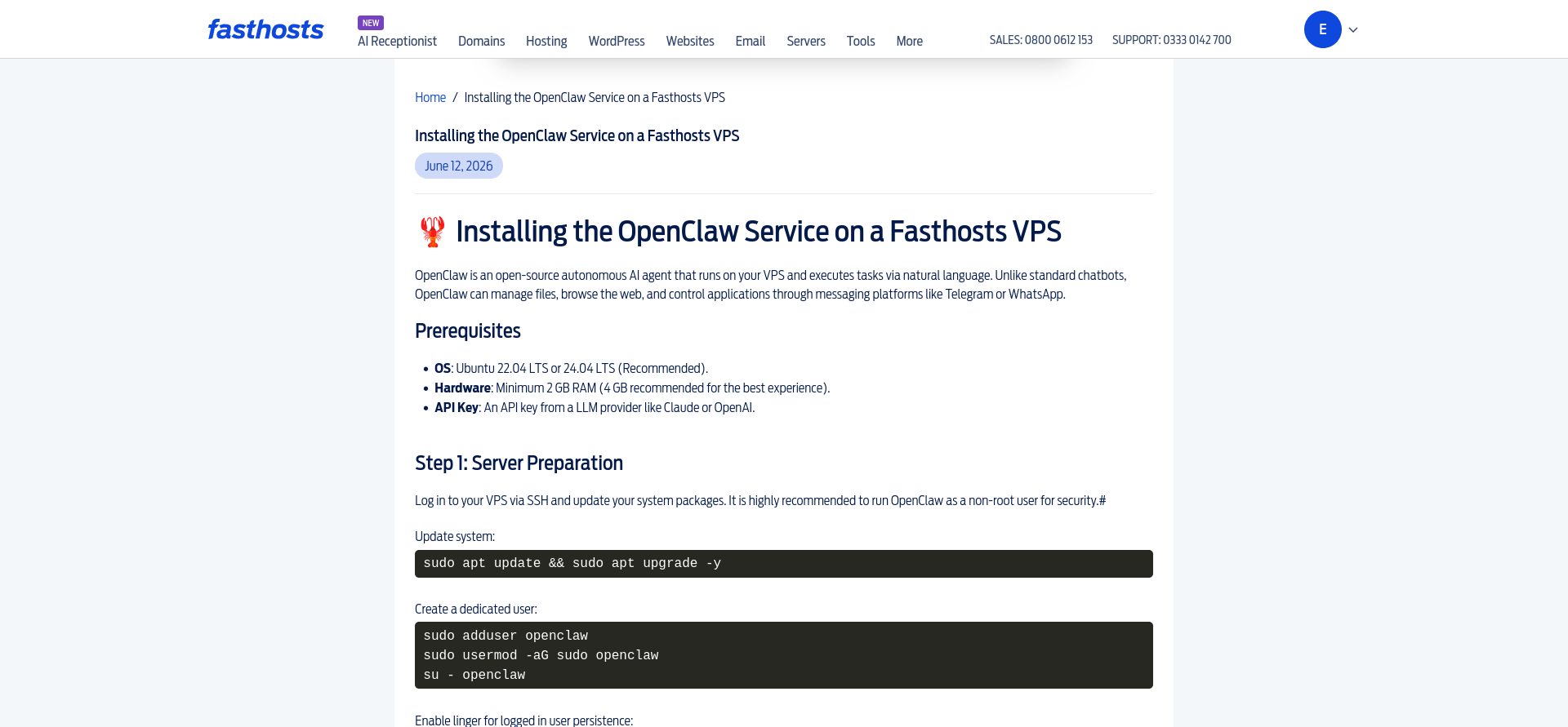 Fasthosts step-by-step OpenClaw VPS installation guide showing operating-system prerequisites, shell commands, user creation, installation and SSH-tunnel access instructions.