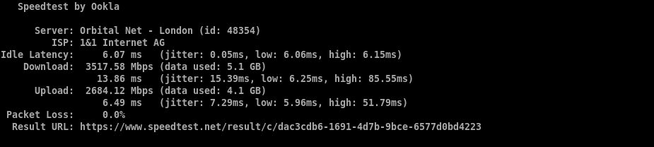 First Ookla Speedtest CLI run to Orbital Net in London showing 6.07ms idle latency, 3,517.58Mbps download, 2,684.12Mbps upload, and no reported packet loss.