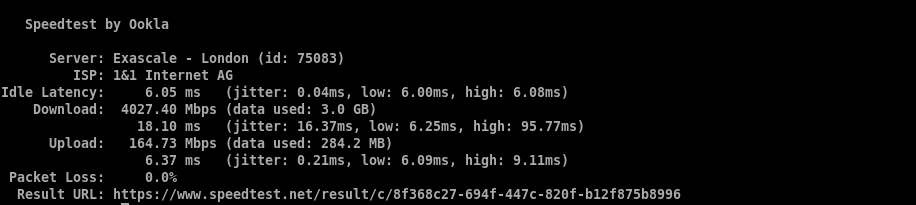 Second Ookla Speedtest CLI run to Exascale in London showing 6.05ms idle latency, 4,027.40Mbps download, 164.73Mbps upload, and no reported packet loss.