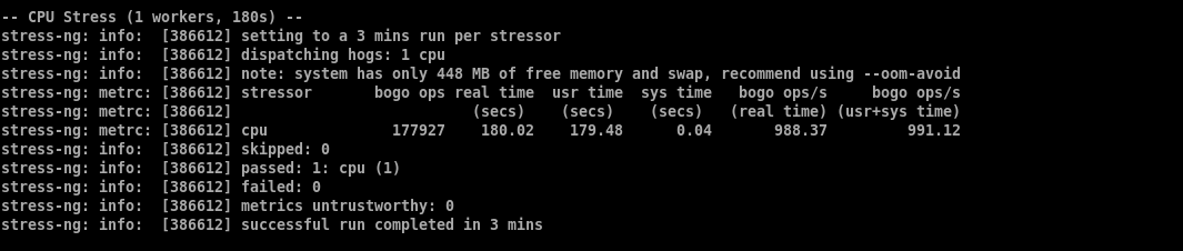 stress-ng three-minute single-worker CPU stress run on Fasthosts VPS 1 completing with one passed stressor and no failures.