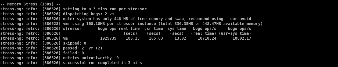 stress-ng memory stress test showing two workers, around 336MB of memory allocated, 180 seconds completed, and zero failures.