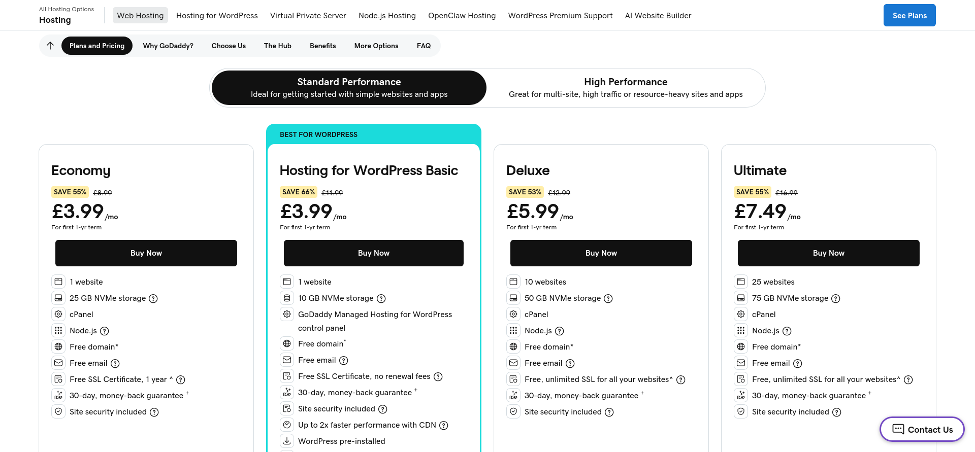 GoDaddy UK shared Web Hosting plan cards showing current introductory and regular monthly-equivalent prices.