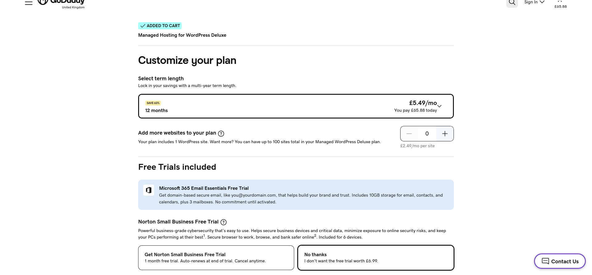 GoDaddy Managed WordPress plan comparison and checkout cart showing the selected Deluxe plan, billing term, and optional professional email trial.