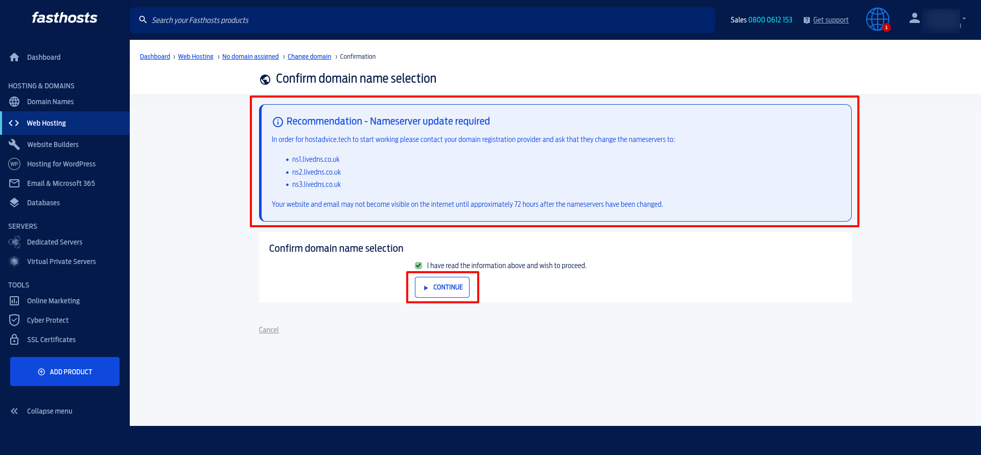 Fasthosts external-domain setup recommending livedns.co.uk nameservers and warning of propagation time.
