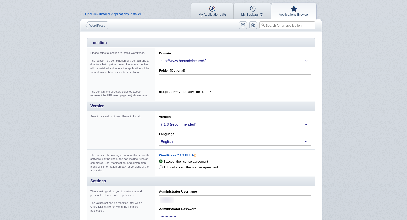 Fasthosts installer showing the completed WordPress deployment and available management actions.