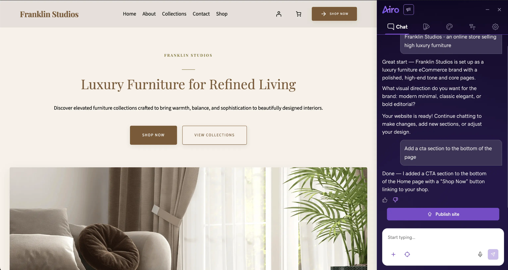GoDaddy Airo website builder showing the Franklin Studios luxury furniture homepage, with the AI chat assistant confirming that a Shop Now CTA section was added.