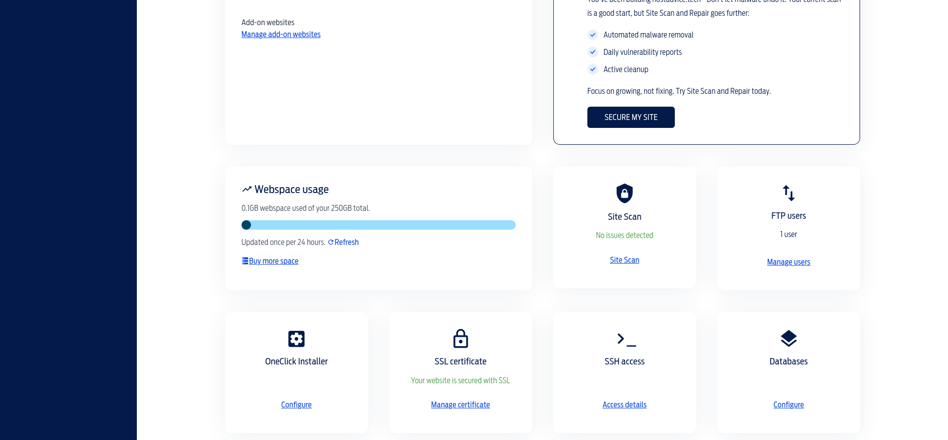 Fasthosts Grow website security and SSL status panel showing certificate and scan controls.