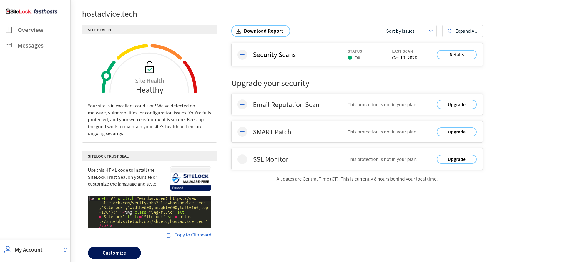 Fasthosts Grow SSL Certificates and Site Scan controls in the website dashboard.