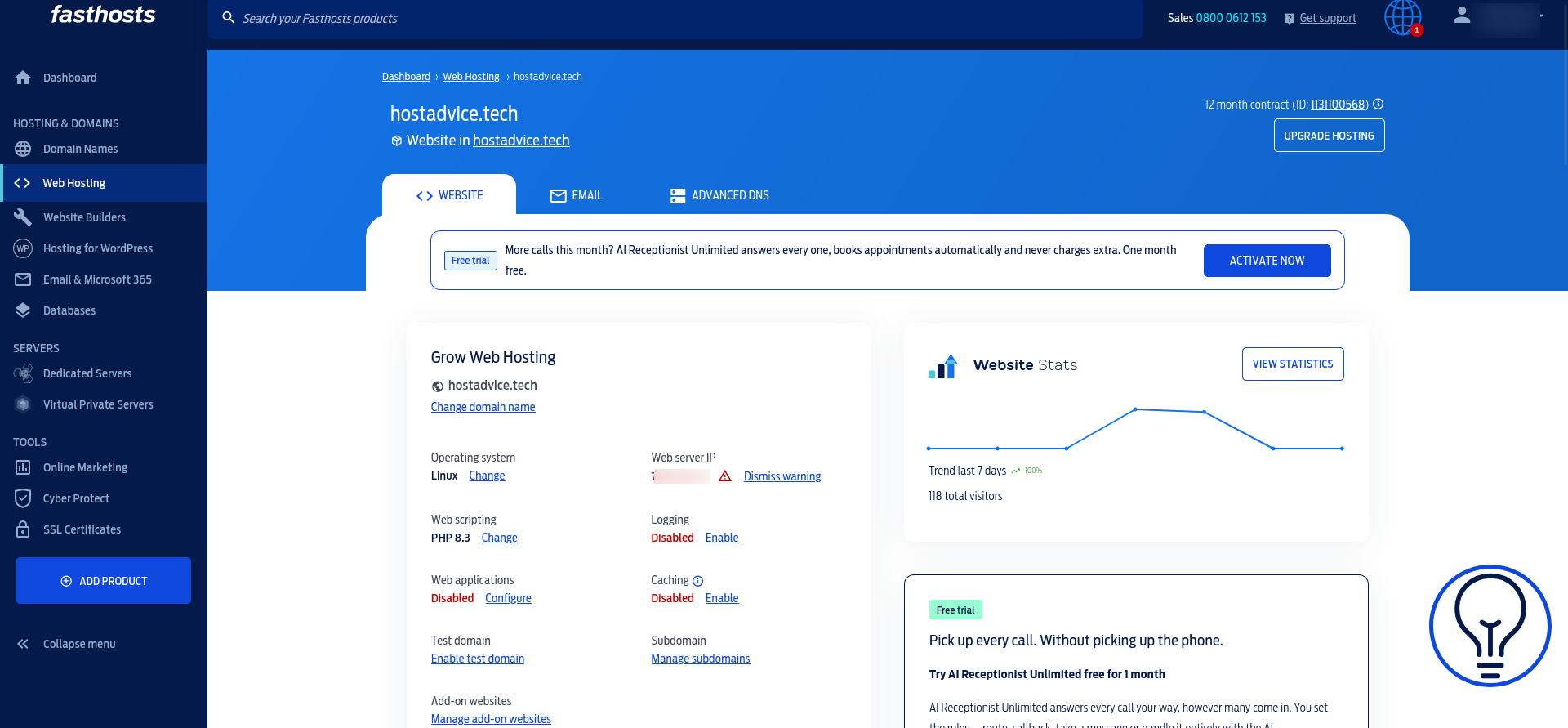 Fasthosts Grow hosting panel exposing FTP, SSH, installer, databases, SSL and DNS settings.