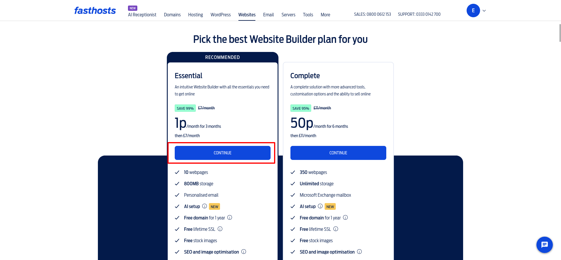 Fasthosts Website Builder plan comparison showing Essential at 1p per month for three months and Complete at 50p per month for six months, followed by their standard monthly prices.