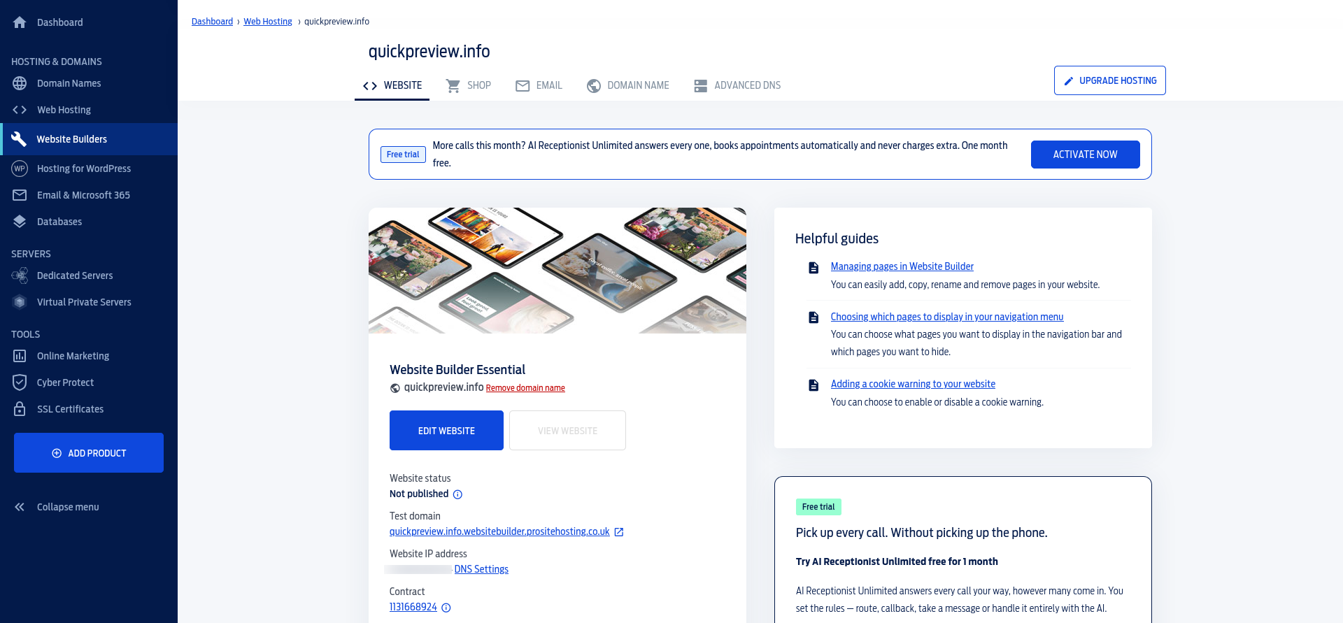 Fasthosts Website Builder Essential dashboard for quickpreview.info showing Edit Website, Not published status, test domain, help guides, and optional marketing add-ons.