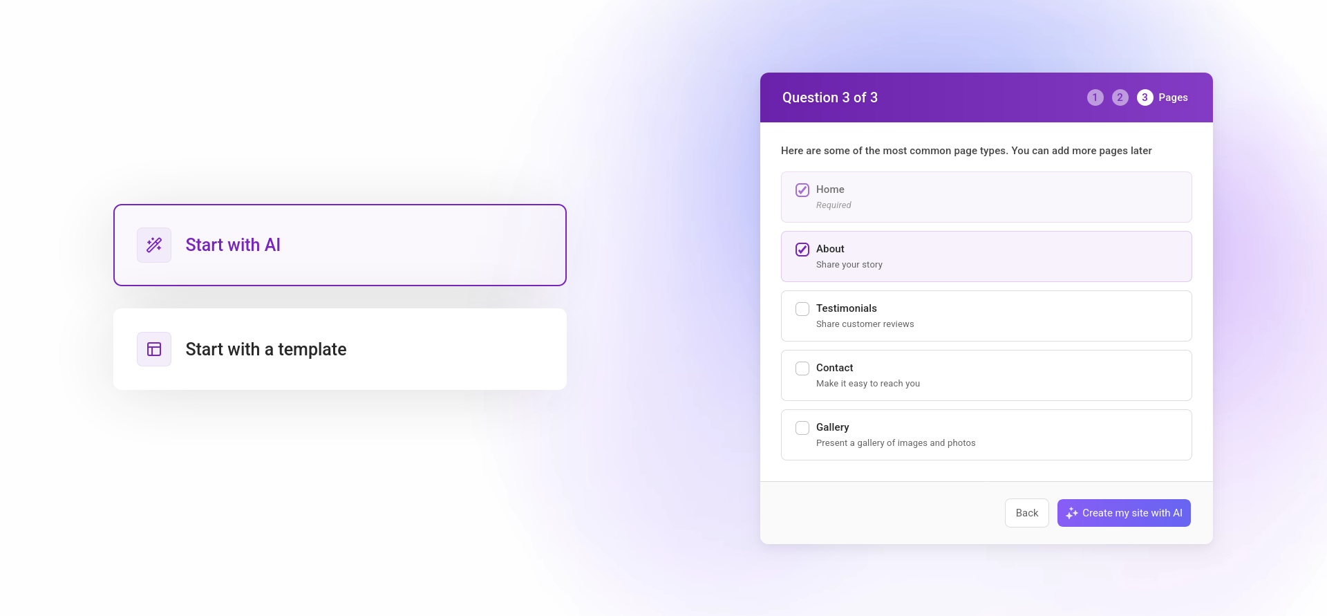 Fasthosts AI website setup showing Home, About, Testimonials, Contact, and Gallery page choices.
