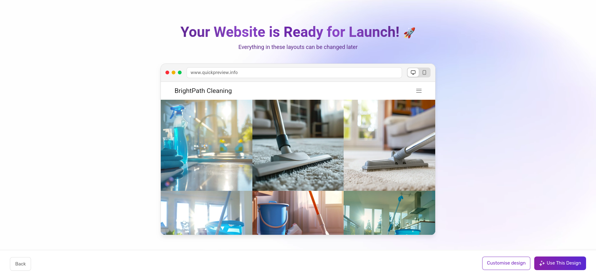 Fasthosts AI generator displaying the completed BrightPath Cleaning design after 21 seconds.
