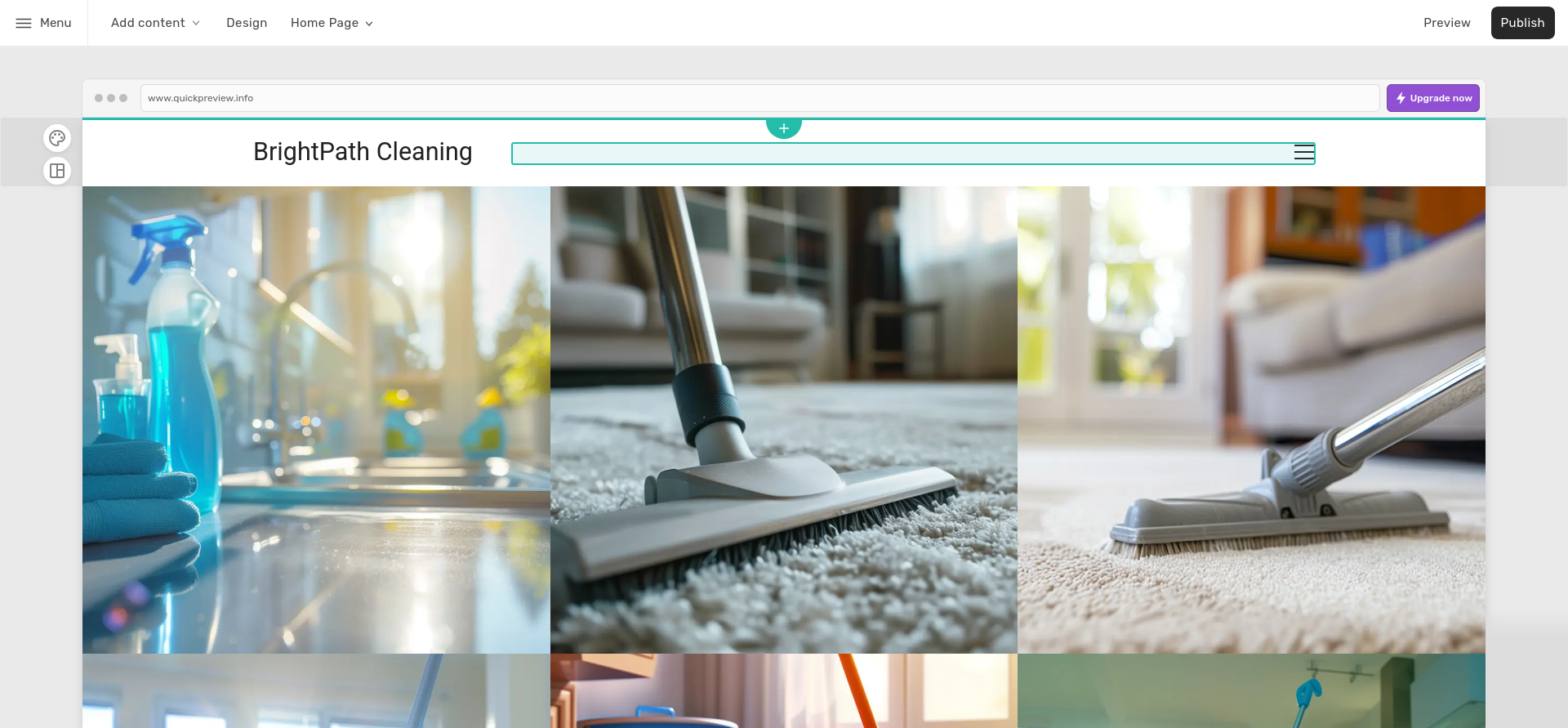 Generated BrightPath Cleaning homepage in the Fasthosts editor with a six-photo cleaning collage and About Us section.