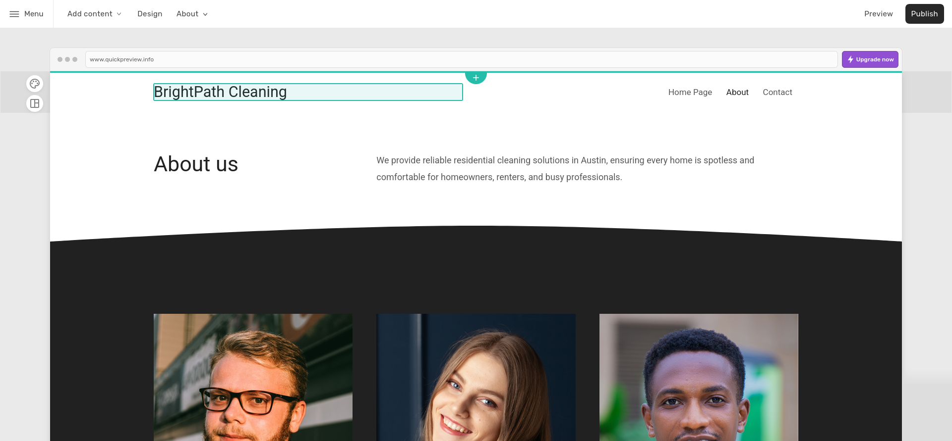 AI-generated About page showing six named staff portraits that were not supplied as real business information.