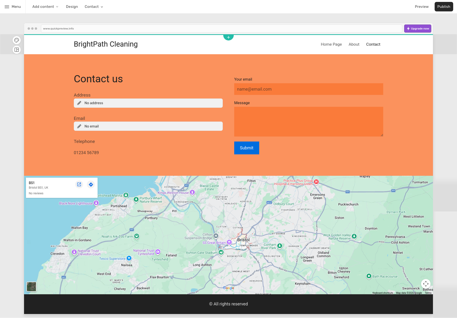 Fasthosts-generated Contact page showing an orange contact section, placeholder details, and a map centered on Bristol, UK.