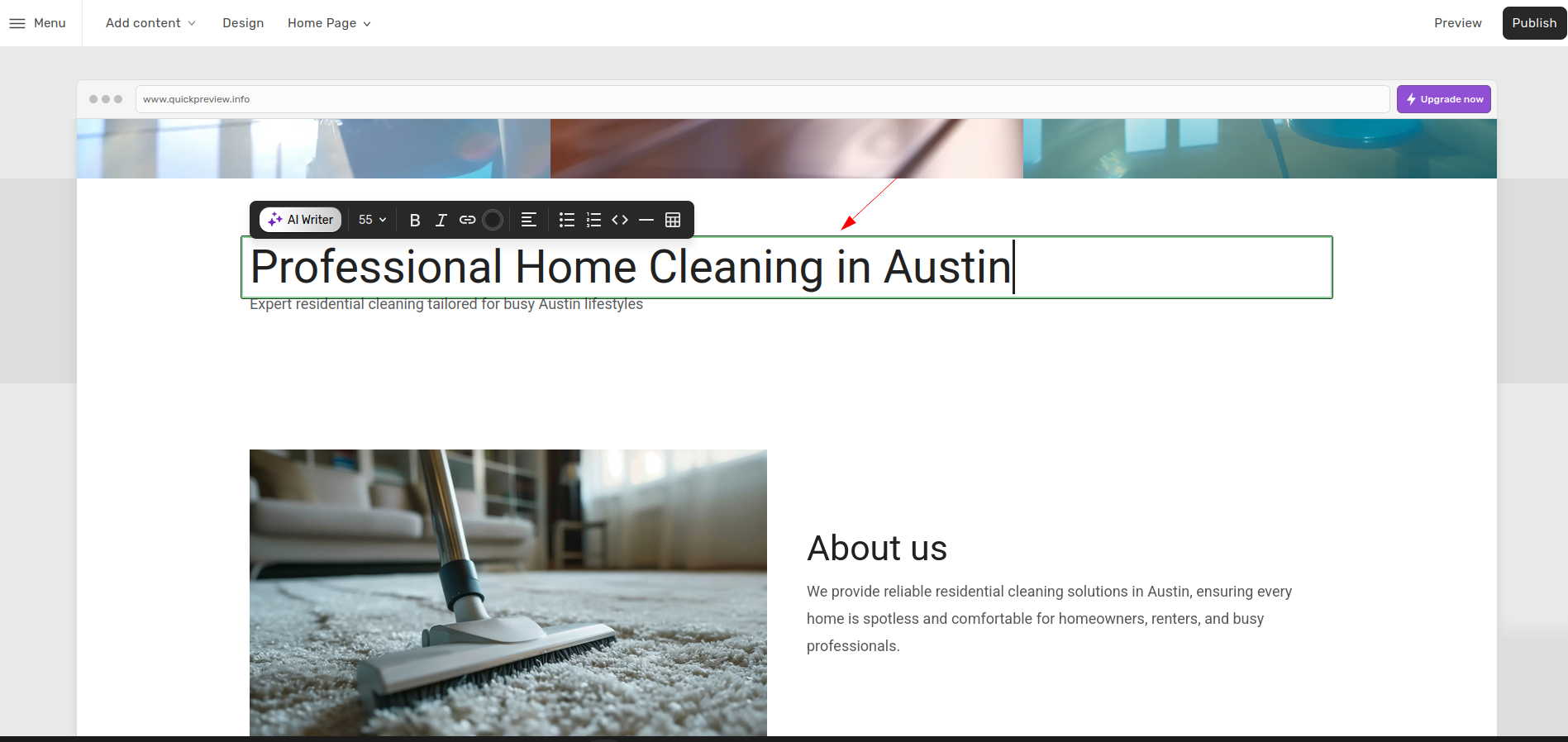 Inline heading editor showing Professional Home Cleaning in Austin replacing the AI-generated headline.