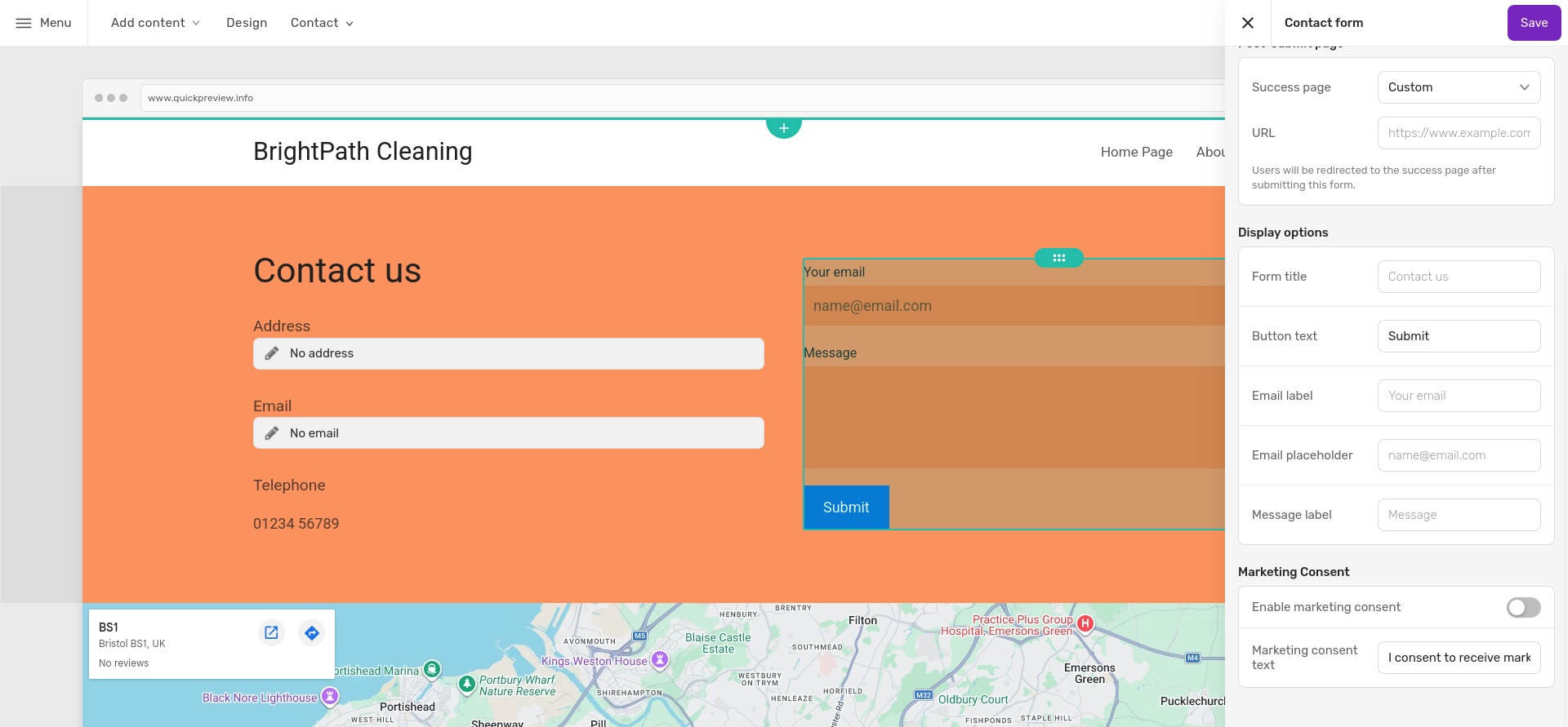 Fasthosts contact form settings showing email recipient, subject, post-submit page, labels, and consent options.