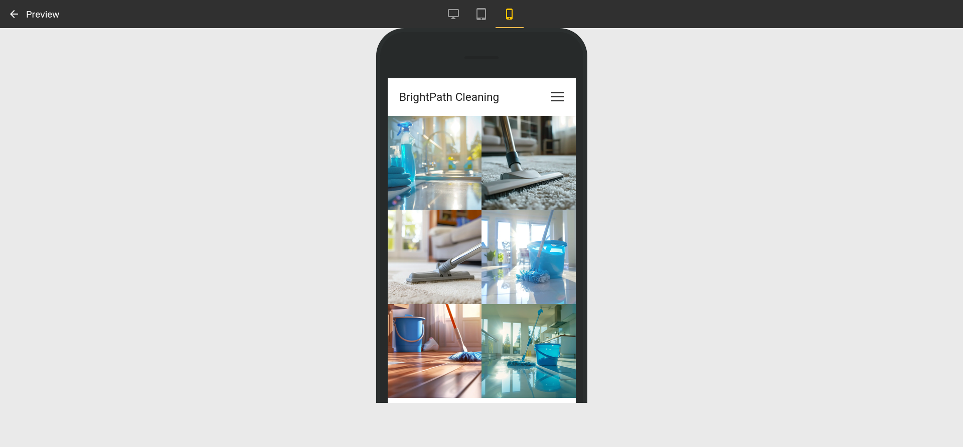 Mobile preview of BrightPath Cleaning showing a responsive image collage and hamburger navigation.
