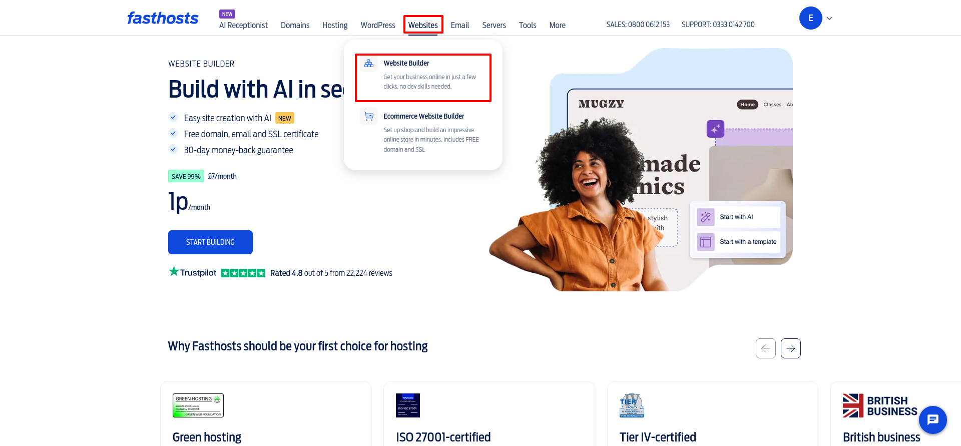 Fasthosts navigation menu under Websites showing Website Builder and Ecommerce Website Builder as separate products.