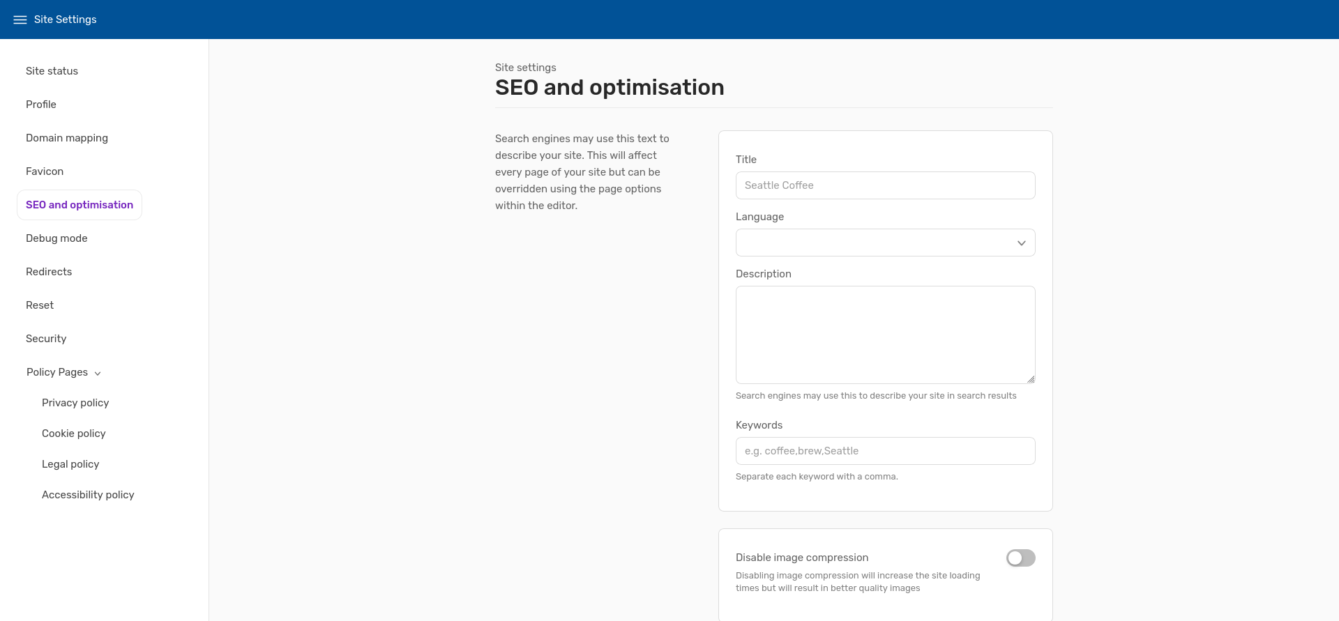 Fasthosts SEO and optimisation screen showing title, language, description, keyword fields, and image compression toggle.