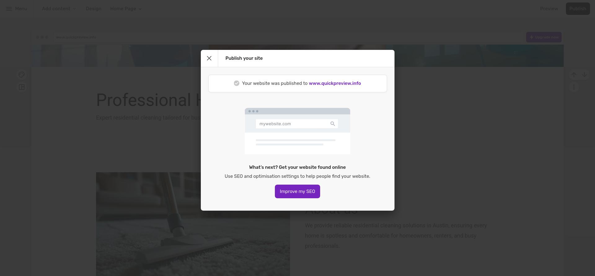 Fasthosts Website Builder confirming successful publication to www.quickpreview.info with an Improve my SEO option.