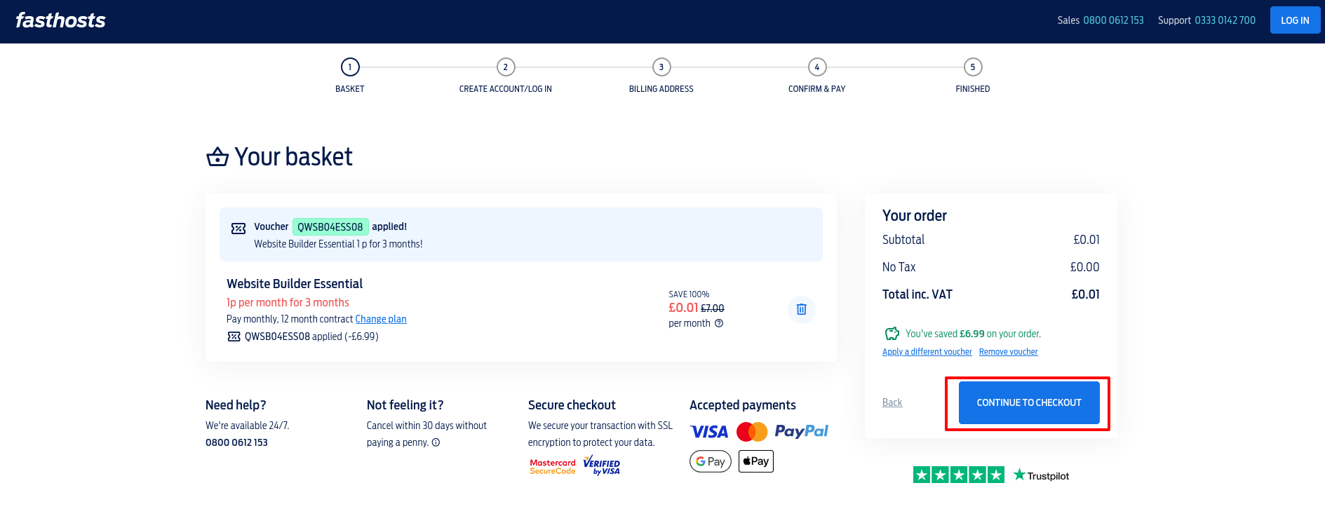 Fasthosts Website Builder Essential basket showing an automatically applied voucher, a £0.01 checkout total, and a 12-month contract billed monthly.