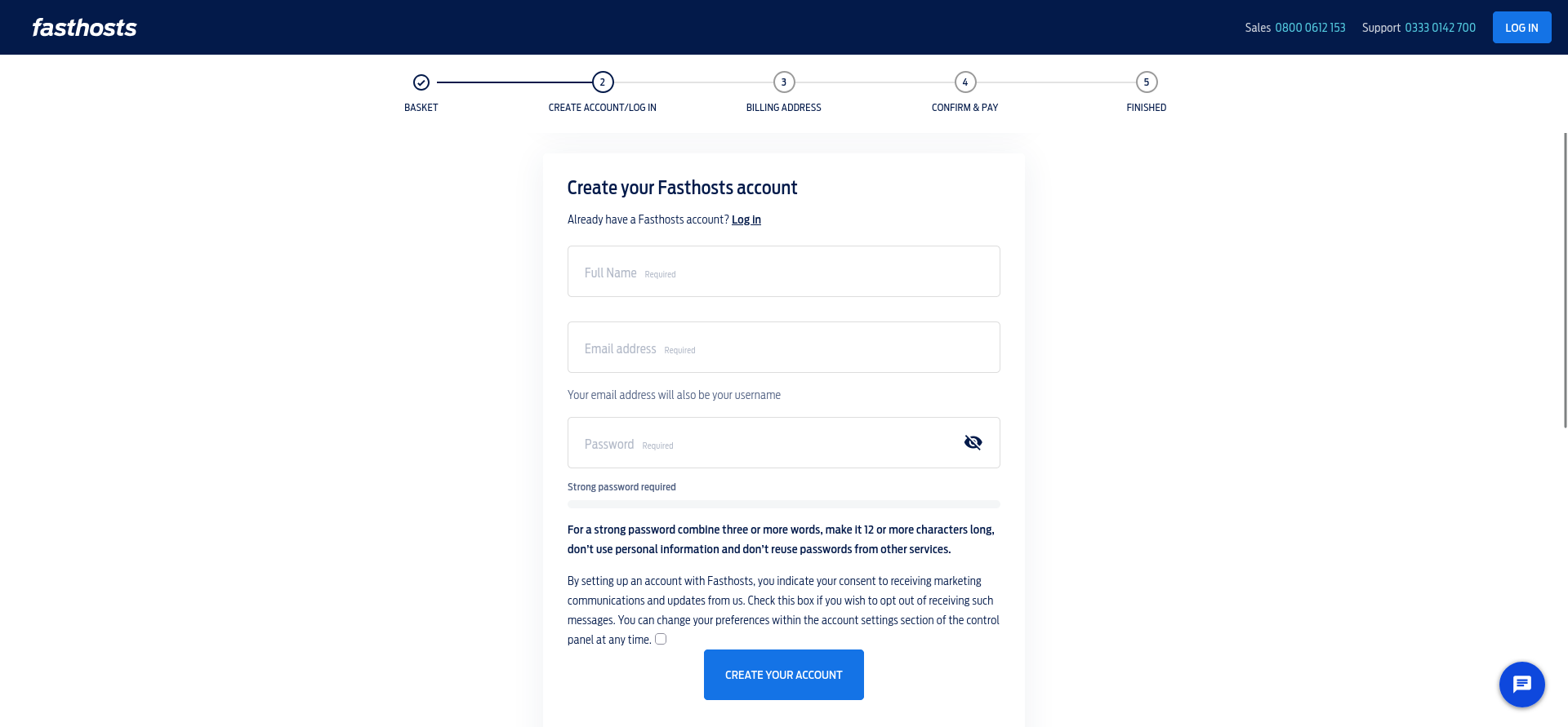 Fasthosts account creation step with full name, email address, password fields, and password-strength guidance.