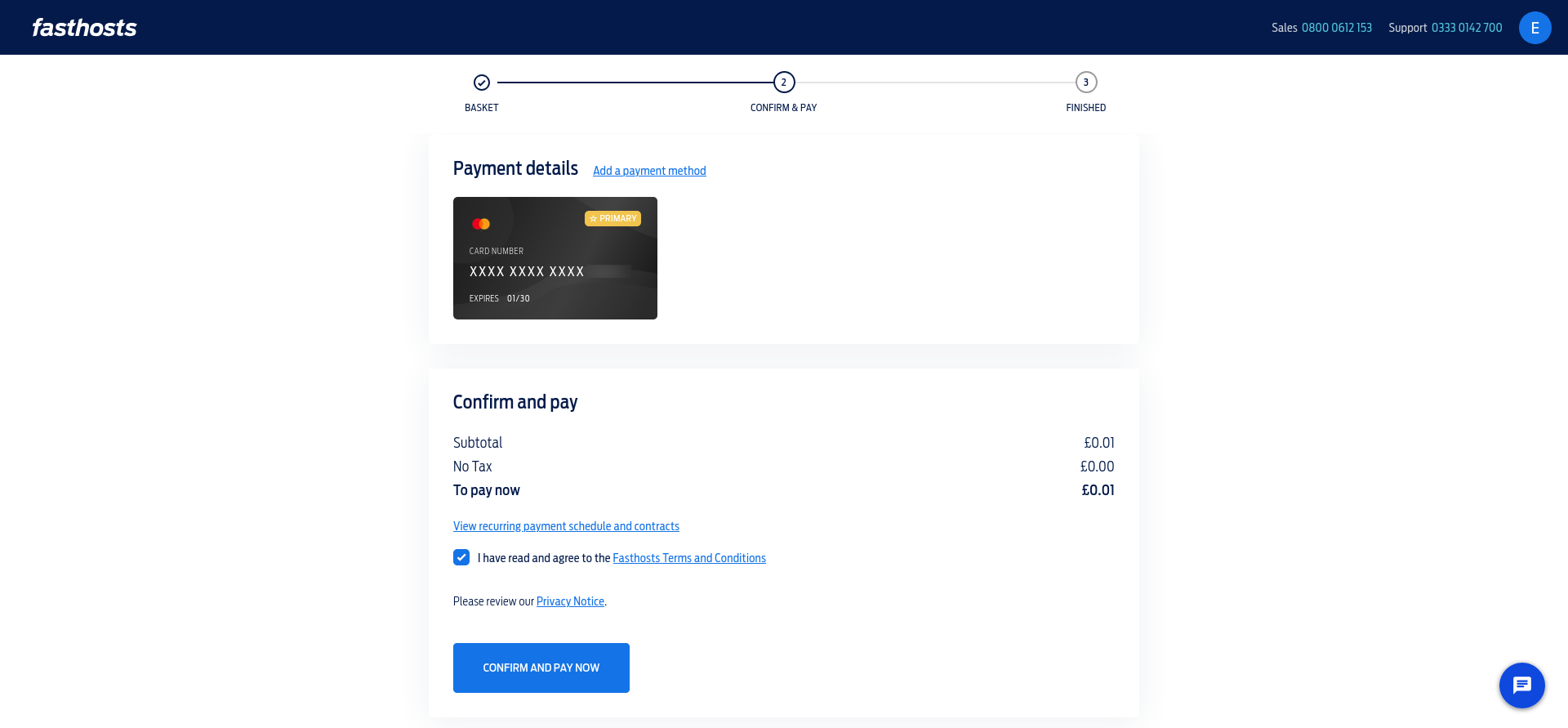 Fasthosts payment step showing a masked saved card, the £0.01 total, and the final Confirm and Pay Now button.