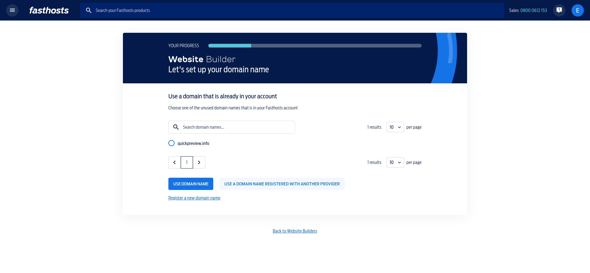 Fasthosts domain selection screen listing the existing quickpreview.info domain and an option to use a domain registered elsewhere.