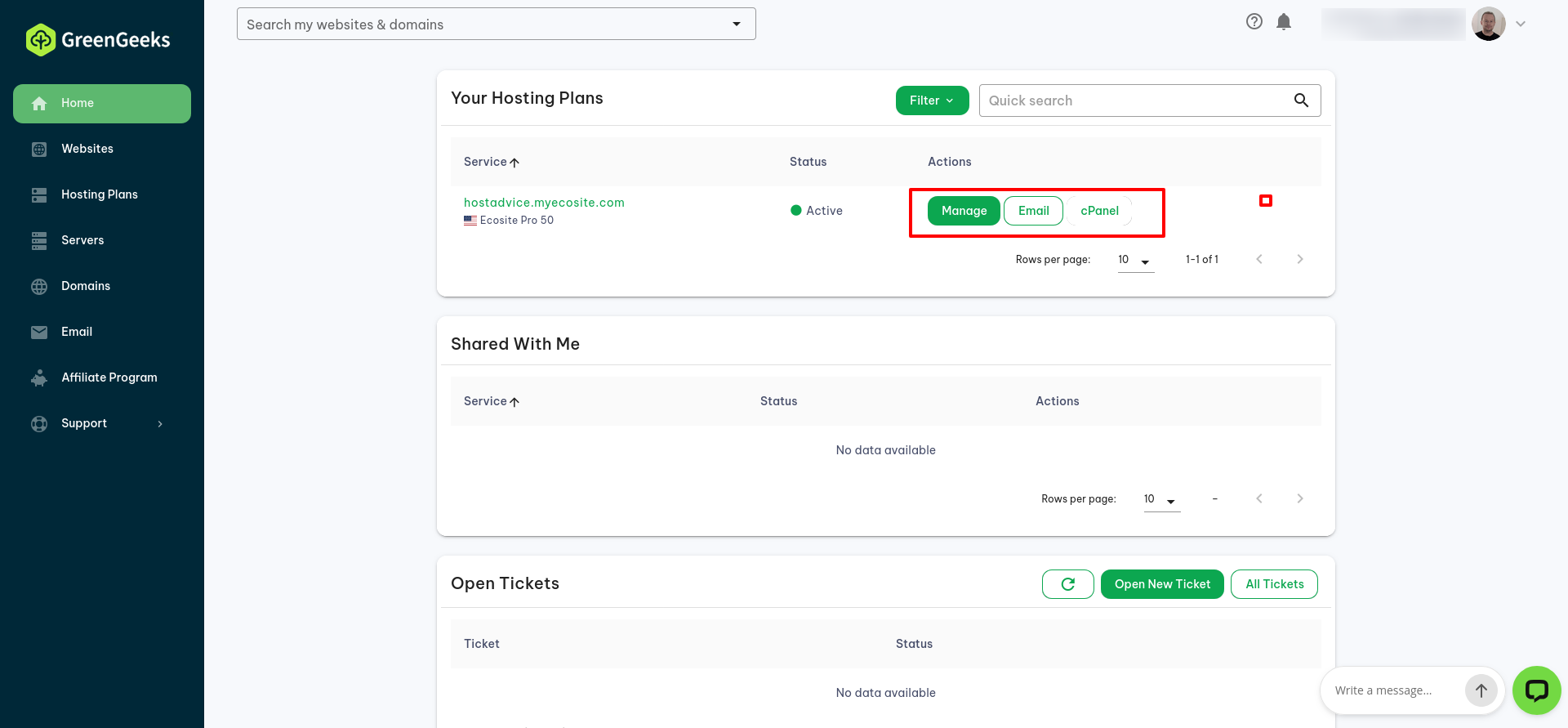 GreenGeeks client-area dashboard highlighting the Manage button beside the active hosting service.