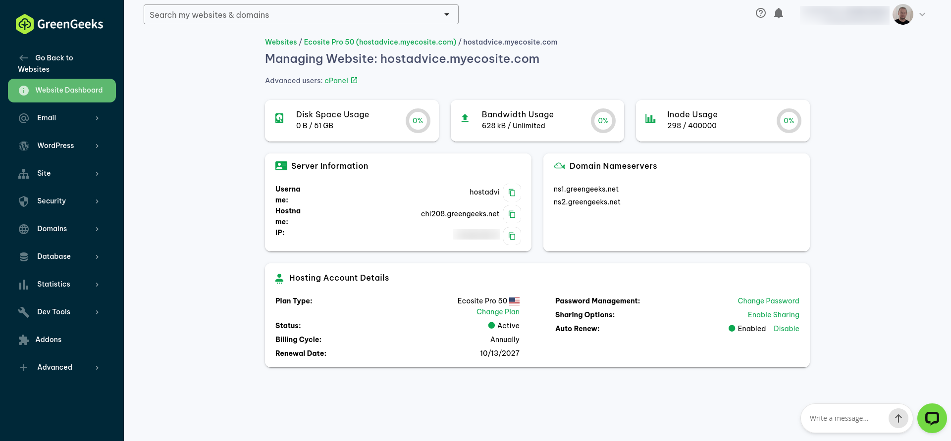 GreenGeeks website-management dashboard showing resource usage, server information, nameservers, account details, and renewal settings.
