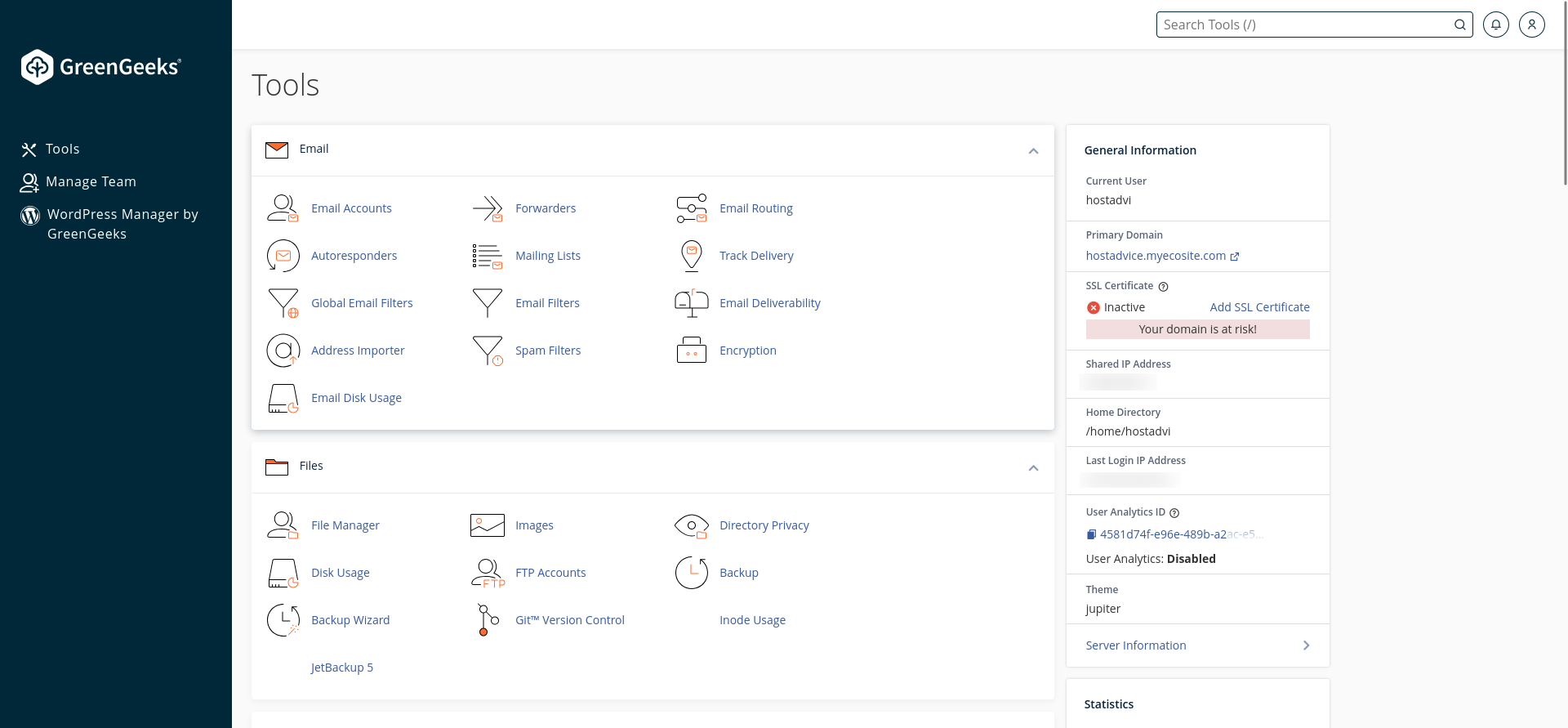 GreenGeeks cPanel Tools page opened directly from the client dashboard, showing grouped hosting administration utilities.
