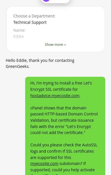 GreenGeeks live-chat window showing the Technical Support department and my initial request for help with a failed Let’s Encrypt certificate installation.