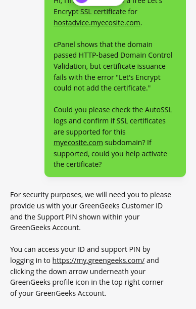 GreenGeeks support agent requesting account verification and explaining where to find the customer ID and Support PIN.