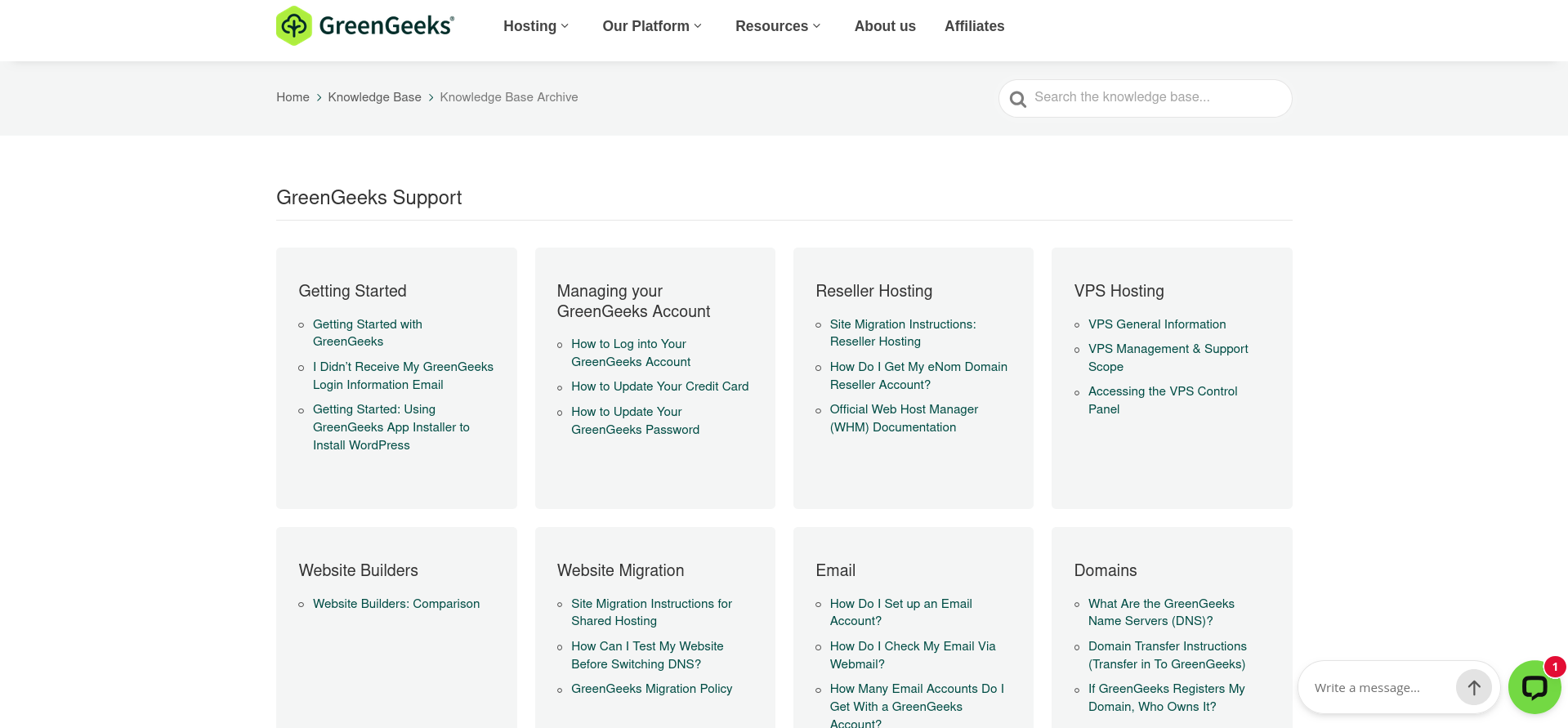 GreenGeeks knowledge-base homepage with a search bar and topic categories for getting started, domains, cPanel, SSL certificates, billing, and developer tools.