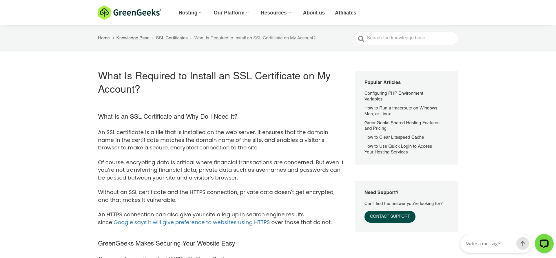 GreenGeeks knowledge-base article explaining SSL certificates, free Let’s Encrypt and paid AlphaSSL options, automatic renewals, and links to support.