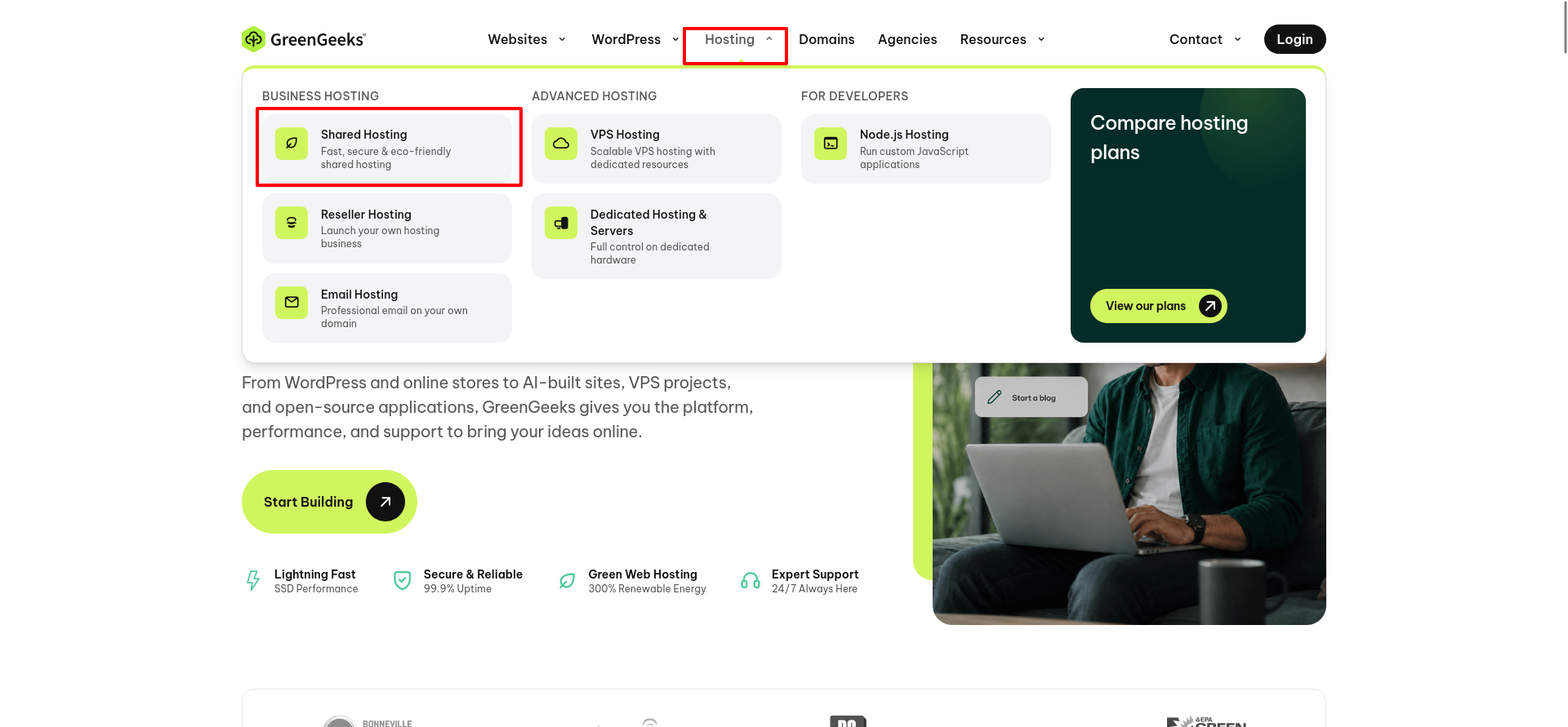 GreenGeeks Hosting navigation menu highlighting the Shared Hosting option under Business Hosting.