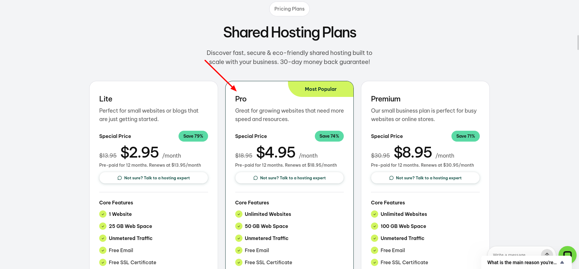 GreenGeeks shared-hosting comparison showing Lite, Pro, and Premium prices, renewal rates, and core features, with Pro selected.