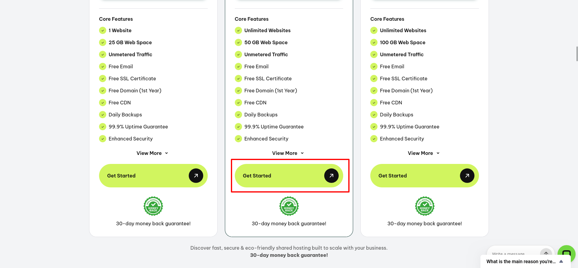 GreenGeeks shared-hosting plan cards showing the core feature lists and Get Started purchase buttons.