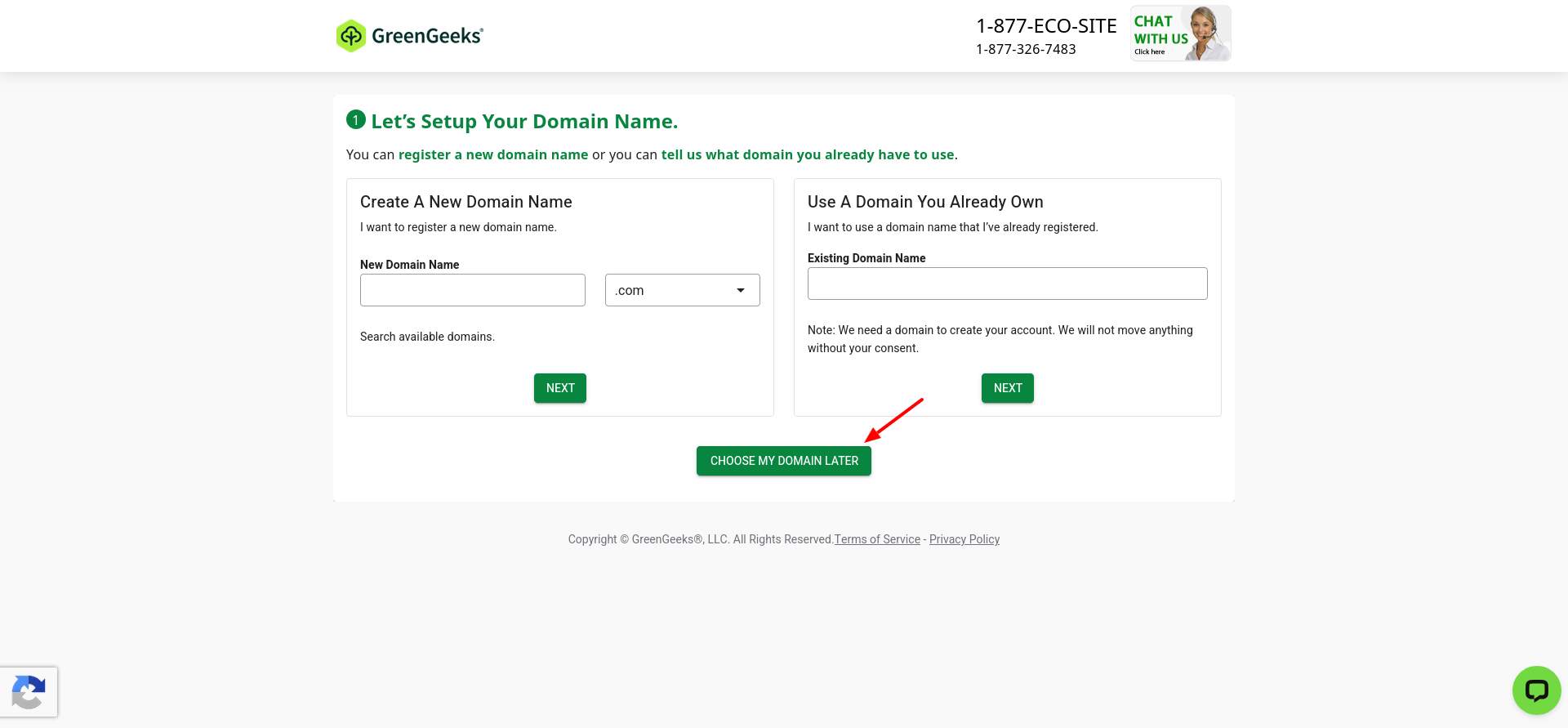 GreenGeeks domain-selection screen showing the new-domain, existing-domain, and Choose My Domain Later options.