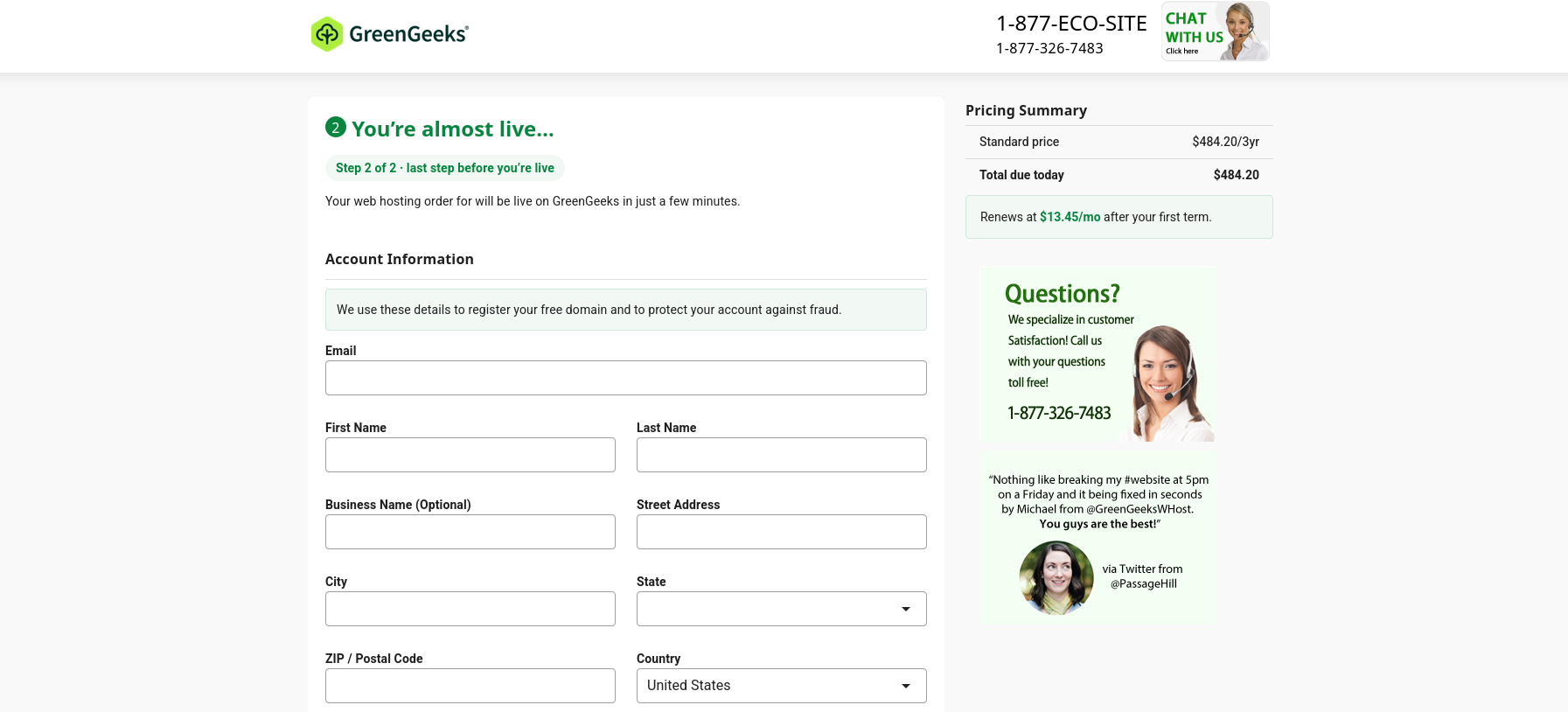 GreenGeeks checkout form showing account information, the selected package, payment fields, and an order summary on the right.